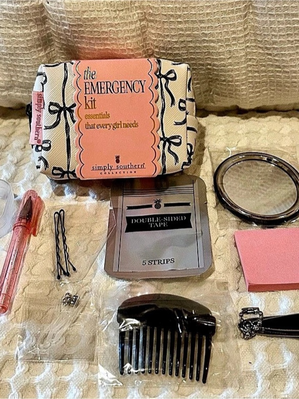 NWT Simply Southern The Emergency Kit Cosmetic Pouch White & Black Bow